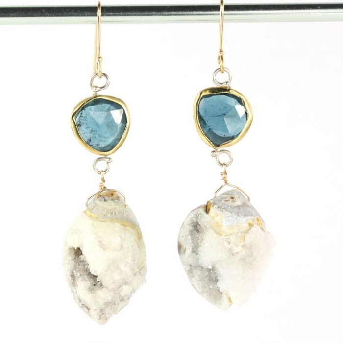 Indicolite Earrings With Druzy Fossil Seashells