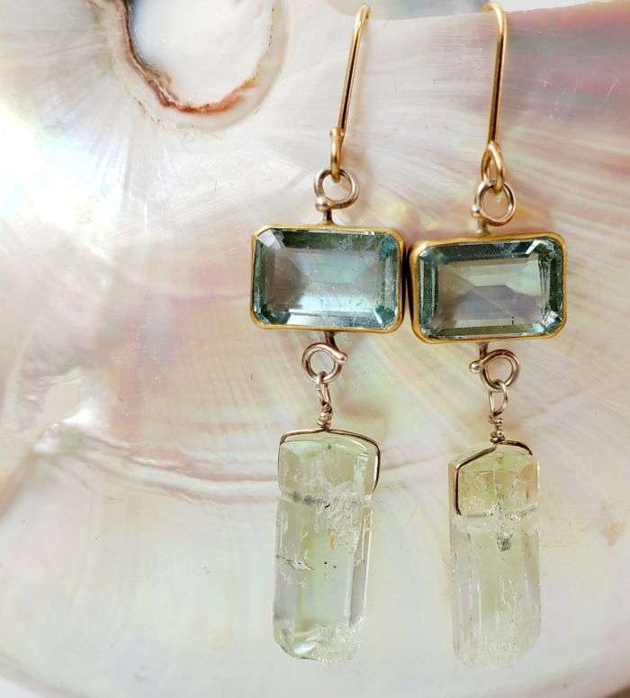 Emerald Cut Aquamarine & Polished Green Beryl Earrings - Image 2