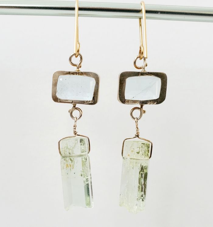 Emerald Cut Aquamarine & Polished Green Beryl Earrings - Image 4