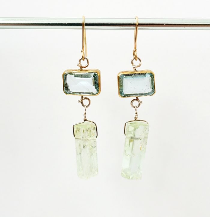 Emerald Cut Aquamarine & Polished Green Beryl Earrings