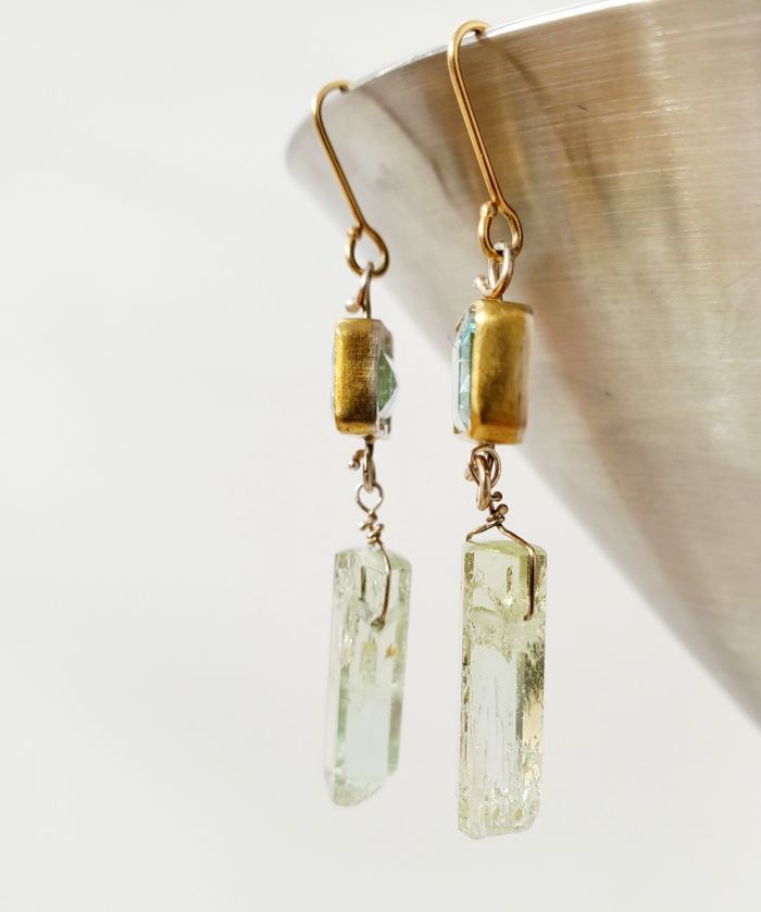 Emerald Cut Aquamarine & Polished Green Beryl Earrings - Image 3