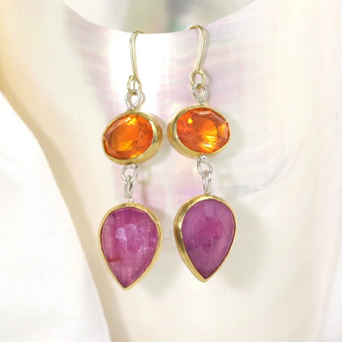 Fire Opal & Pink Sapphire Earrings - Image 2