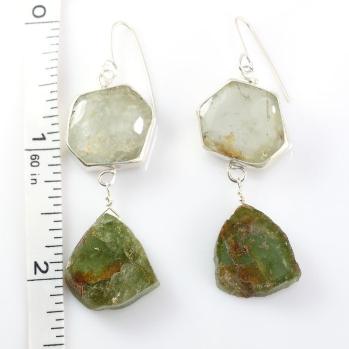 Green Beryl Crystal & Raw Green Tourmaline Slice Earrings - Image 4