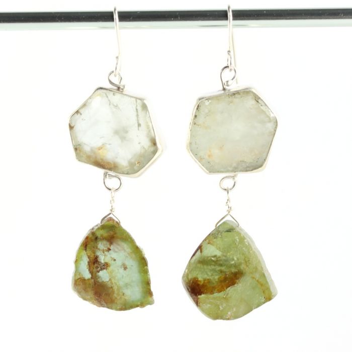 Green Beryl Crystal & Raw Green Tourmaline Slice Earrings