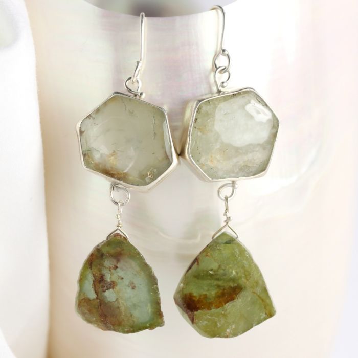 Green Beryl Crystal & Raw Green Tourmaline Slice Earrings - Image 2