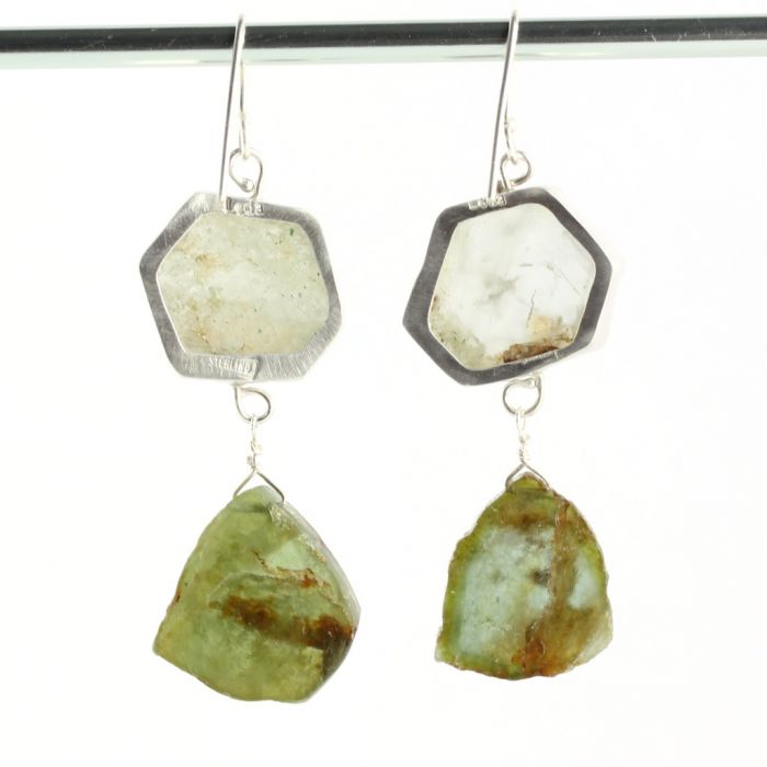 Green Beryl Crystal & Raw Green Tourmaline Slice Earrings - Image 3