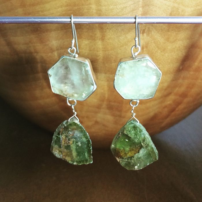 Green Beryl Crystal & Raw Green Tourmaline Slice Earrings - Image 5