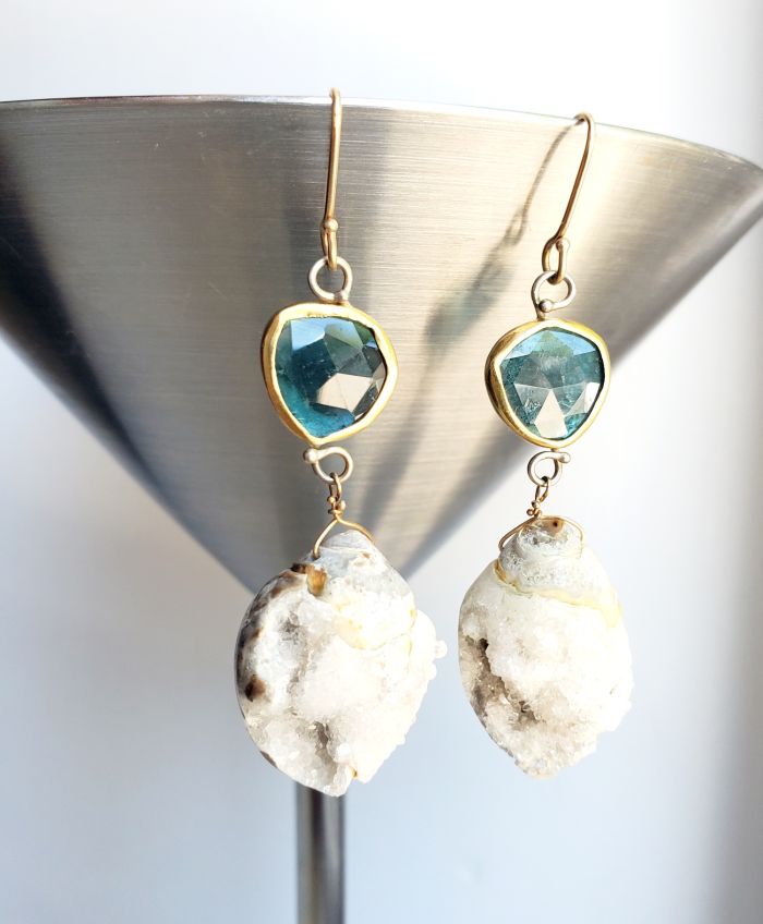 Rose Cut Indicolite Earrings With Druzy Fossil Seashells - Image 2