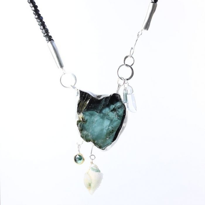 Indicolite Slice Necklace With Druzy Seashell Fossil & Zebra Jade