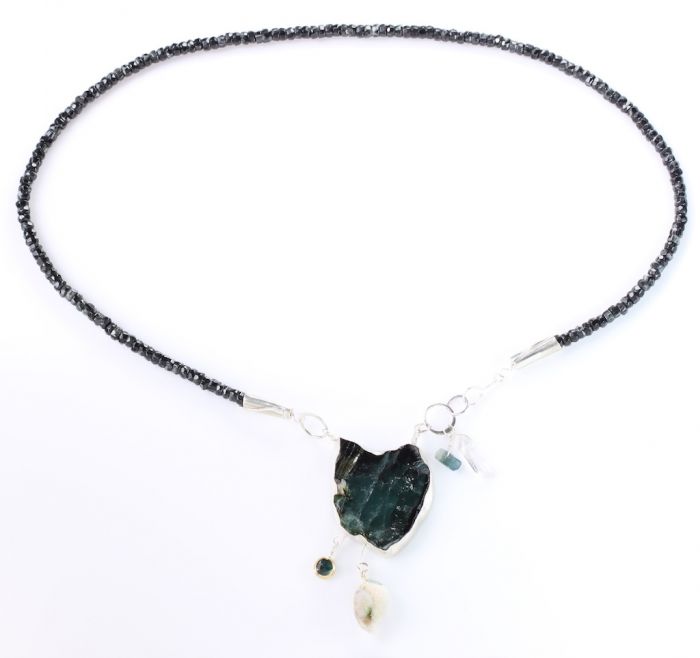 Indicolite Slice Necklace With Druzy Seashell Fossil & Zebra Jade - Image 2