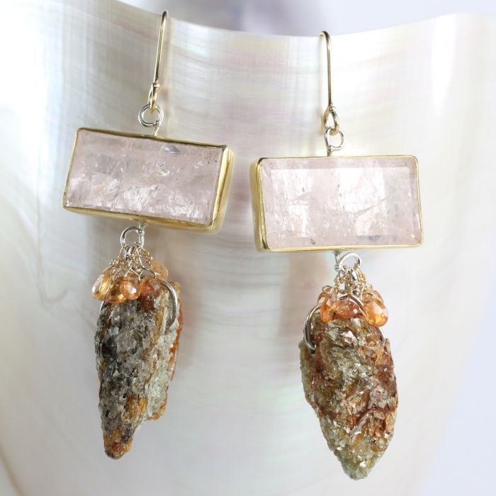 Morganite Earrings With Raw Orange Kyanite & Sapphire Briolettes - Image 2