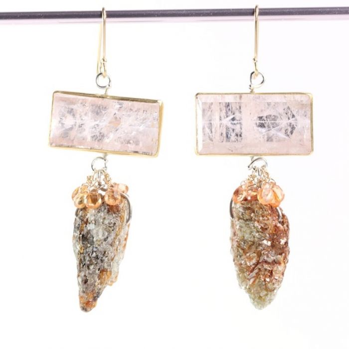 Morganite Earrings With Raw Orange Kyanite & Sapphire Briolettes