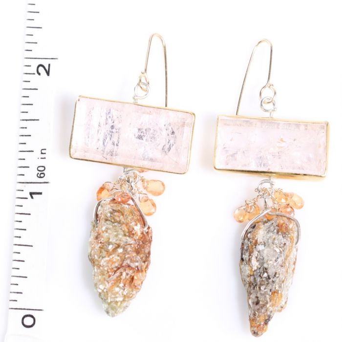 Morganite Earrings With Raw Orange Kyanite & Sapphire Briolettes - Image 4