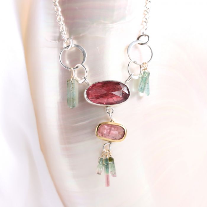 Rose Cut Orchid & Pink Tourmaline Necklace with Raw Tourmaline Crystals