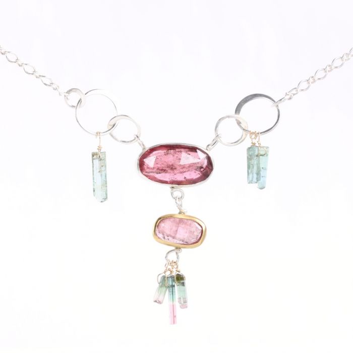 Rose Cut Orchid & Pink Tourmaline Necklace with Raw Tourmaline Crystals - Image 2