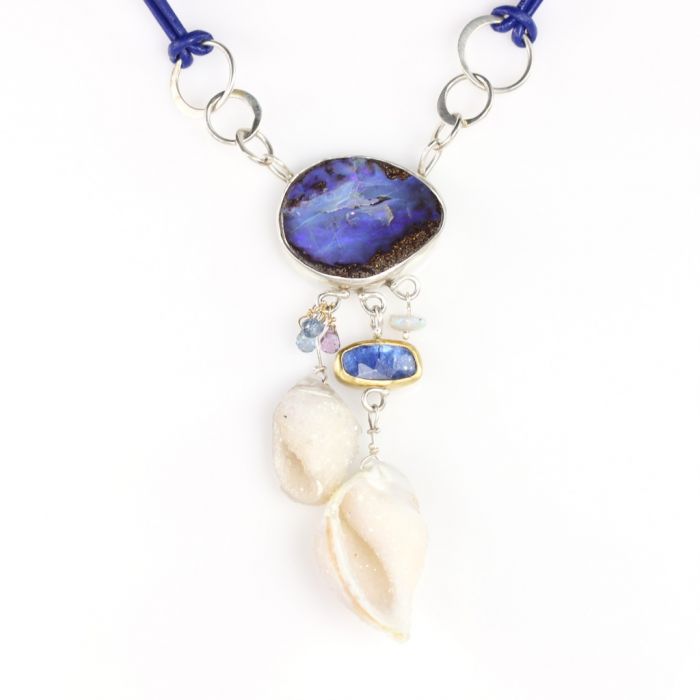 Seashell Fossil Necklace With Boulder Opal Tanzanite & Sapphires