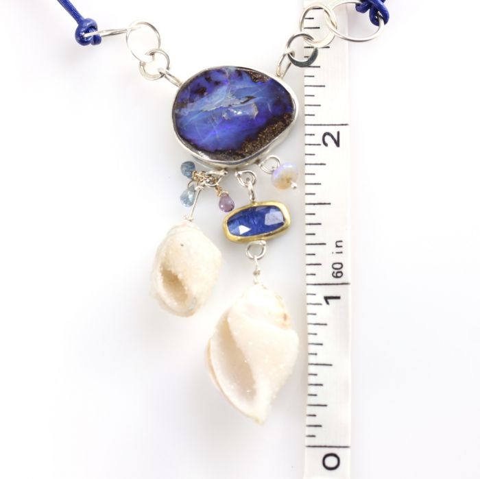 Seashell Fossil Necklace With Boulder Opal Tanzanite & Sapphires - Image 3