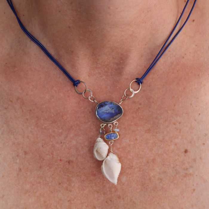 Seashell Fossil Necklace With Boulder Opal Tanzanite & Sapphires - Image 4