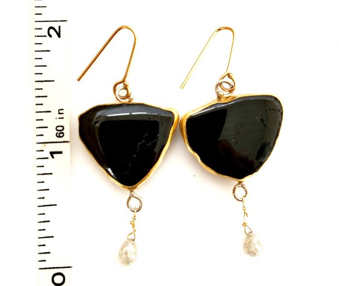 Black Tourmaline aka Schorl Slice Earrings With Diamond Briolettes - Image 5