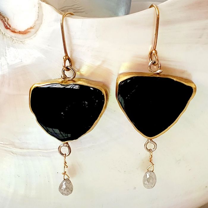 Black Tourmaline aka Schorl Slice Earrings With Diamond Briolettes - Image 2