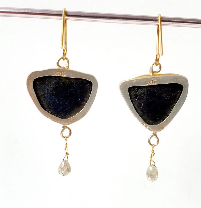 Black Tourmaline aka Schorl Slice Earrings With Diamond Briolettes - Image 4