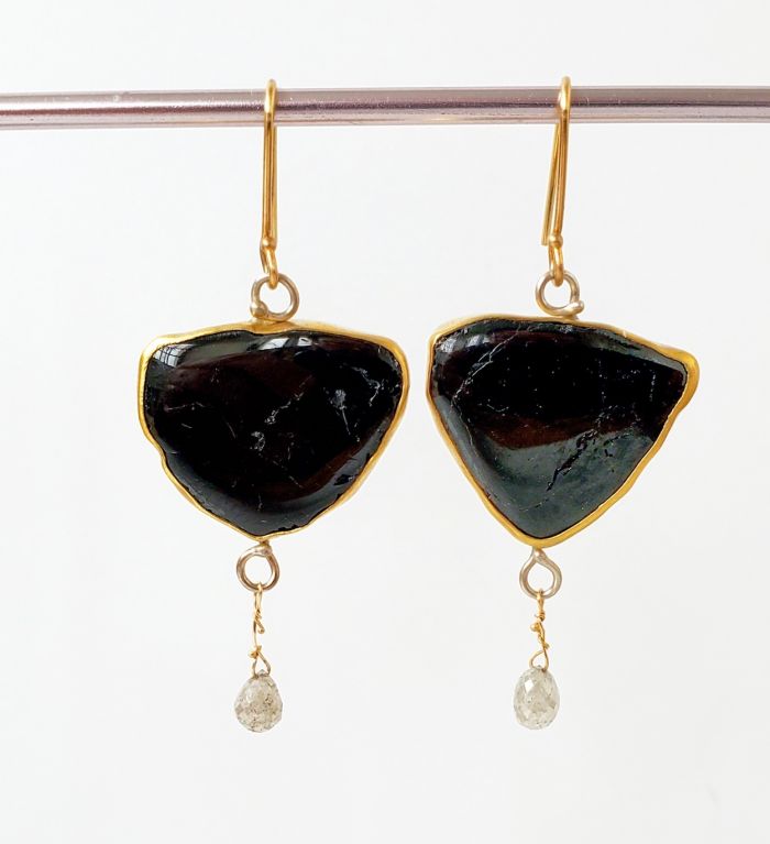 Black Tourmaline aka Schorl Slice Earrings With Diamond Briolettes