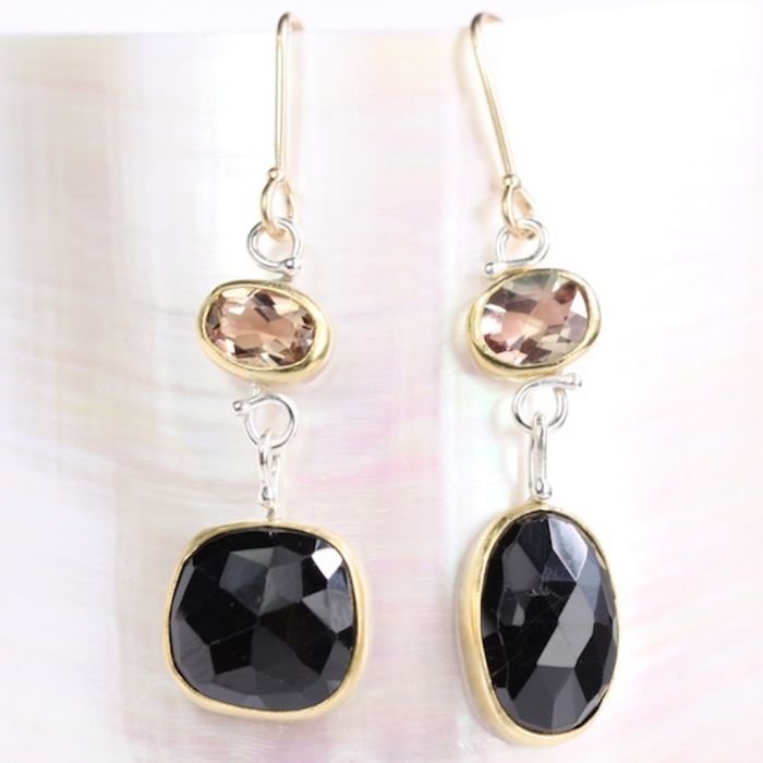 Oregon Sunstone Earrings With Black Spinel Drops - Image 2