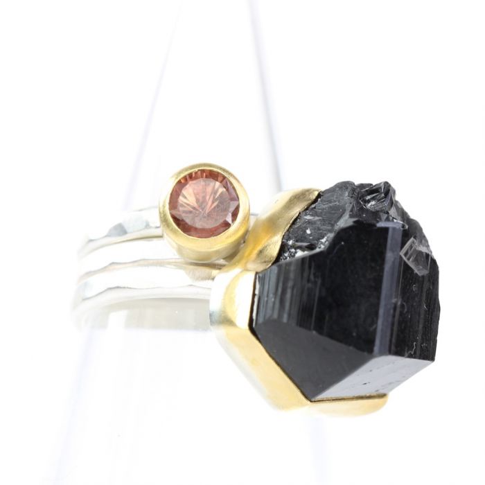 Raw Black Tourmaline Crystal & Oregon Sunstone Stacking Rings - Image 2