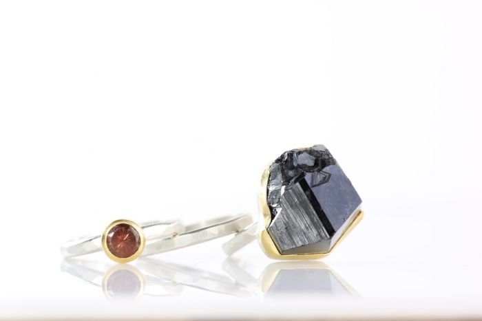 Raw Black Tourmaline Crystal & Oregon Sunstone Stacking Rings - Image 3