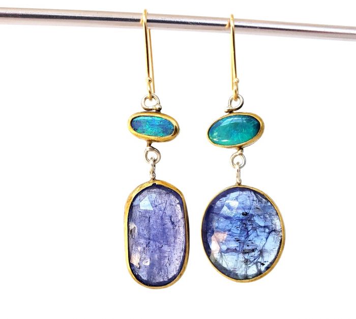 Lightning Ridge Opal Earrings With Rose Cut Tanzanite Drops - Image 2