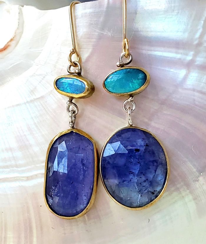 Lightning Ridge Opal Earrings With Rose Cut Tanzanite Drops