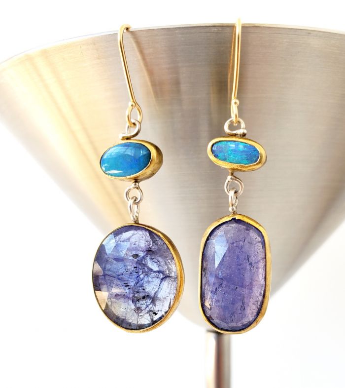 Lightning Ridge Opal Earrings With Rose Cut Tanzanite Drops - Image 3