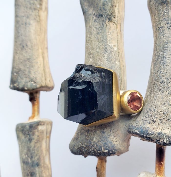 Raw Black Tourmaline Crystal & Oregon Sunstone Stacking Rings - Image 5