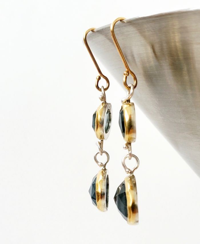 Rose Cut Moss Aquamarine Double Drop Earrings - Image 3