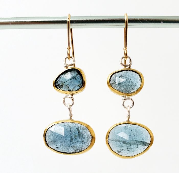 Rose Cut Moss Aquamarine Double Drop Earrings