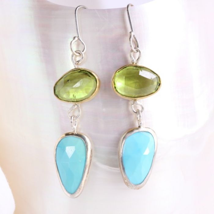 Rose Cut Peridot and Turquoise Earrings