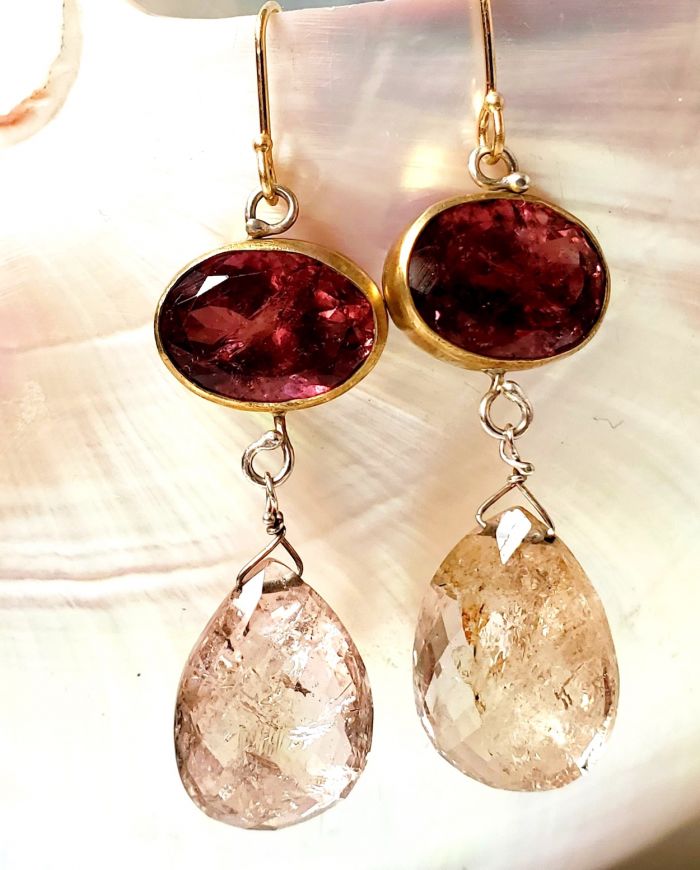 Rubelite Earrings With Morganite Drops - Image 2