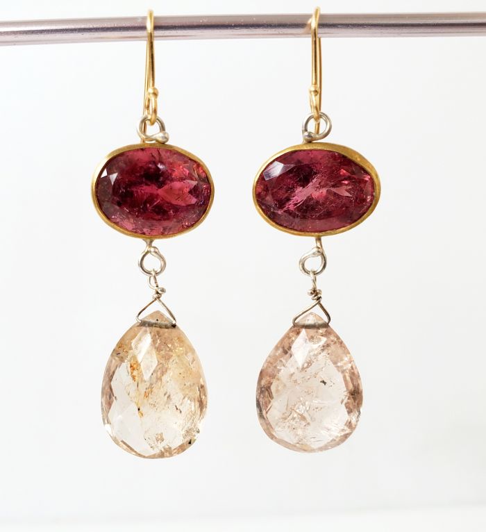 Rubelite Earrings With Morganite Drops