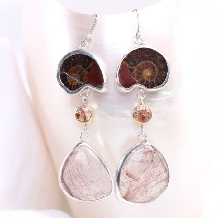 Ammonite Wanga Talisman Earrings With Oregon Sunstone & Red Rutile