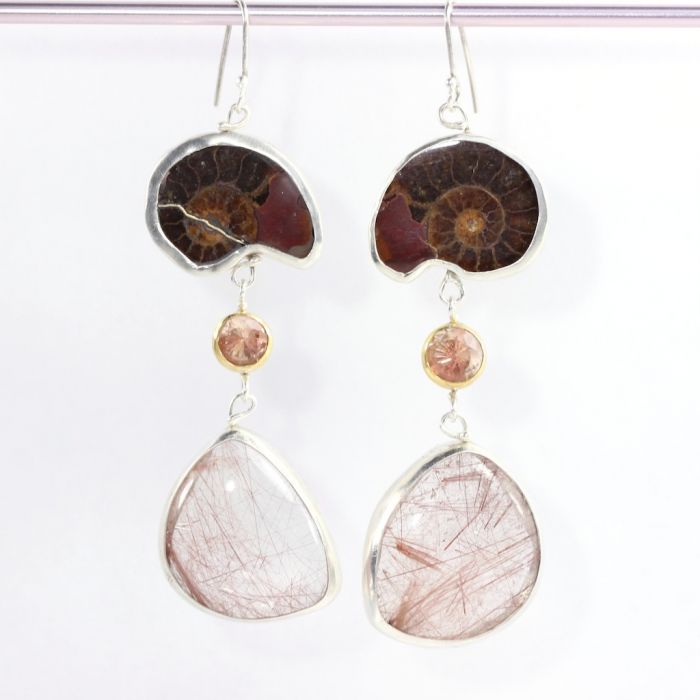 Ammonite Wanga Talisman Earrings With Oregon Sunstone & Red Rutile - Image 2