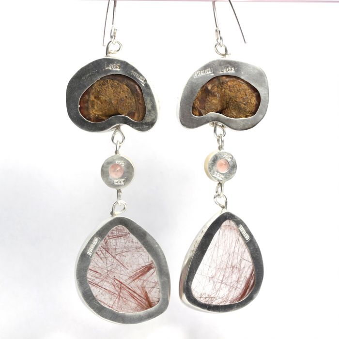 Ammonite Wanga Talisman Earrings With Oregon Sunstone & Red Rutile - Image 3