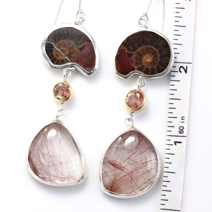 Ammonite Wanga Talisman Earrings With Oregon Sunstone & Red Rutile - Image 4