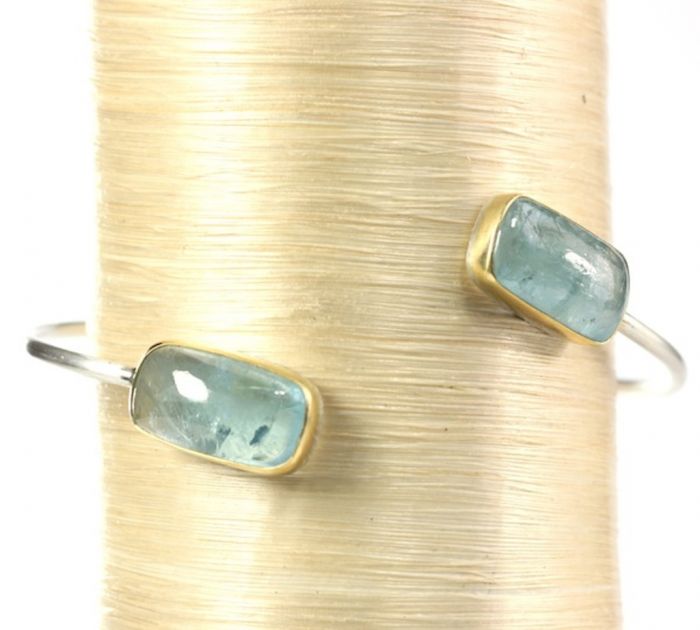 Aquamarine Double Gemstone Bangle Cuff Bracelet - Image 2