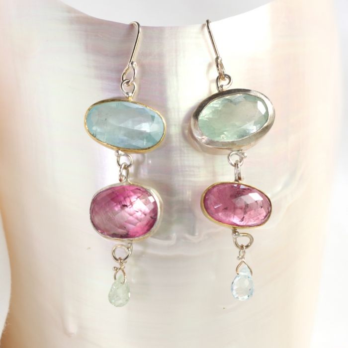 Aquamarine & Pink Tourmaline Earrings - Image 2