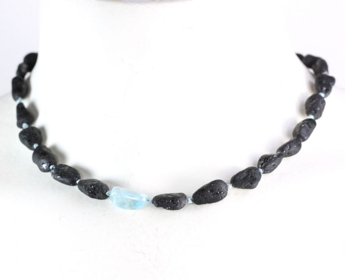 Tumbled Black Tourmaline & Aquamarine Necklace