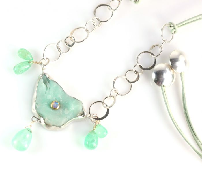 Raw Chrysoprase Pendant Necklace With Emerald Drops - Image 3