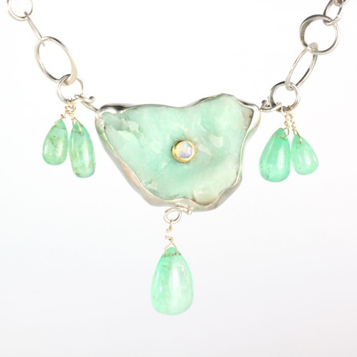 Raw Chrysoprase Pendant Necklace With Emerald Drops