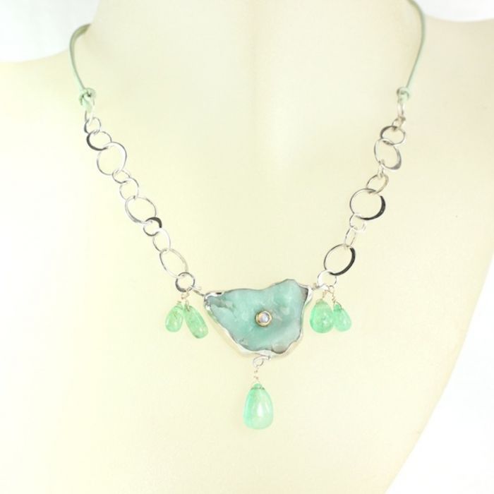 Raw Chrysoprase Pendant Necklace With Emerald Drops - Image 2