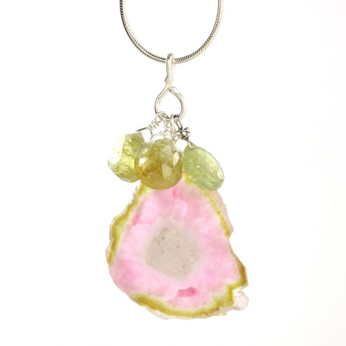 Watermelon Tourmaline Slice Pendant With Green Garnets - Image 2