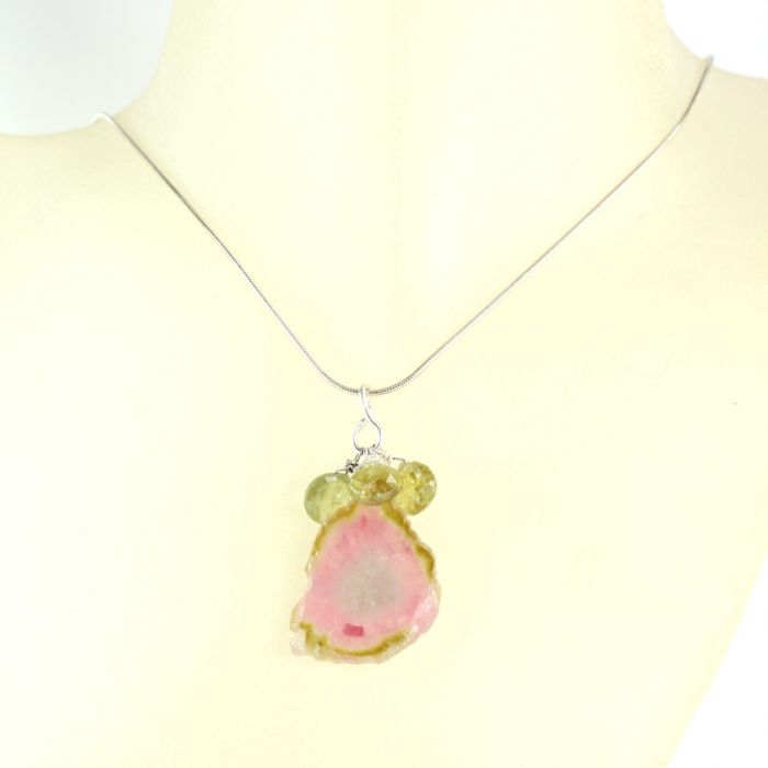 Watermelon Tourmaline Slice Pendant With Green Garnets - Image 3